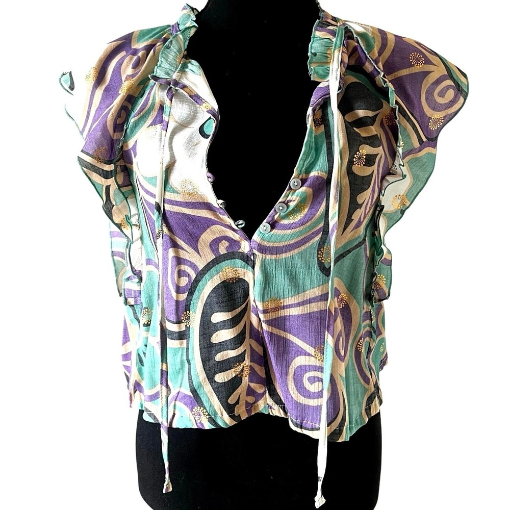 Harve‎ Benard Women Purple Teal Paisley Gold Foil Ruffle Sleeveless Blouse Small